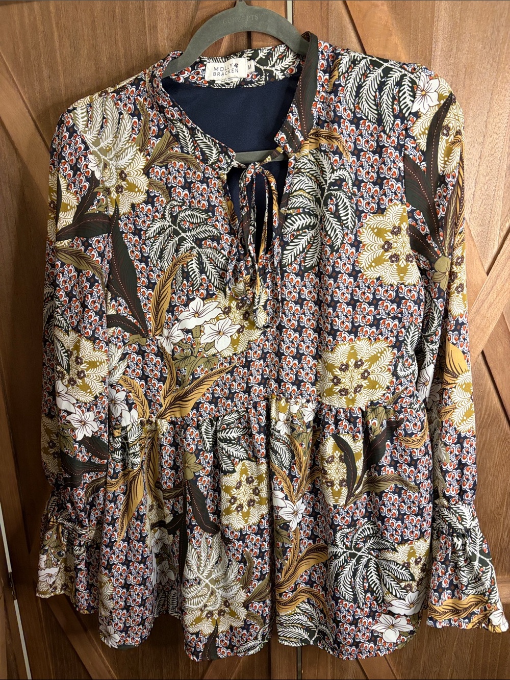 MOLLY BRACKEN Floral Boho Peasant Blouse Top Tie Neck Bell Sleeve SIZE MEDIUM